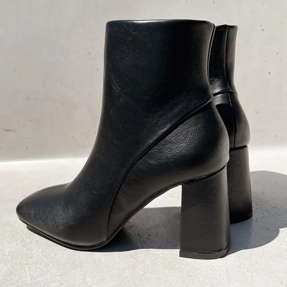 NEW Black Faux Leather Sleek Slim Square Toe Block Heel Ankle Boots Bootie Shoes - Picture 4 of 13